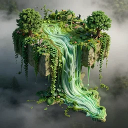 liquified isometric planes melting, grainy, risograph, dramatic lighting, flowing, lush overgrowth, ivy, vines, flowers, trees, birds, unreal engine, fog