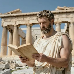 bruce reads from the greek parthenon as if he were zeus
