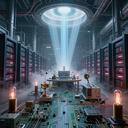 an immaculate volumetric lighting octane redshift render of the nexus between a vast modern computing center and an alchemist's lab with exposed circuit boards, fog, god rays, nixie tubes and tesla coils by Zdzisław Beksiński and beeple, beautiful modern colors, ultradetailed, 4k ultra