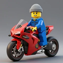 a lego minifigure wearing a blue jean and blue shirt and a grey beanie, he is riding a very red ducati panigale, 3 d octane render, artstation, concept art, smooth, sharp focus ilustration hq, octane render, hyperrealistic, aenaluck, artgerm, greg rutkowski
