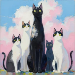 highly detailed contemporary acrylic painting of really tall sitting cats by makoto shinkai, thick brush strokes and visible paint layers, glistening clouds in background, light blue black, white and pink vivid pastel color scheme