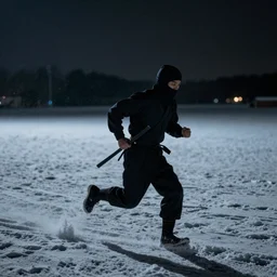 atmospheric nightscene of a ninja running through a snow field by john harris