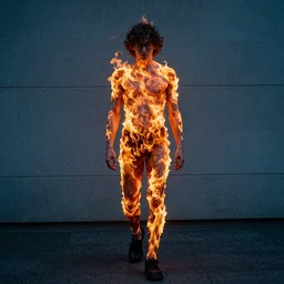 a nerd man walking with fire covering his body