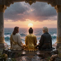 a stunning 3 d render of a jesus, the buddah, and fredrick nietzsche sitting on a cliff facing away from the camera in the rain watching the sunrise over the ocean, turbulent ocean in the background, intricate, elegant, highly detailed, artstation, ultra sharp focus, octane render, volumetric lighting, in a neoclassical and baroque style
