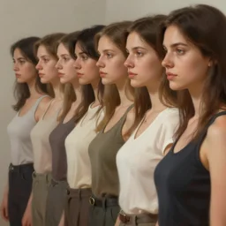 a row of identical pretty women, photorealistic, in the style of greg rutkowski, digital painting, high quality
