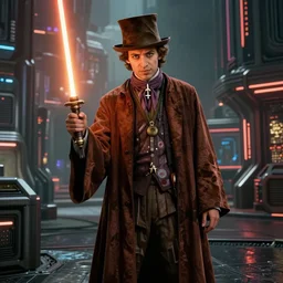 Willy Wonka as a Jedi in Starwars the old republic, wearing a brown cloak in a cyberpunk city