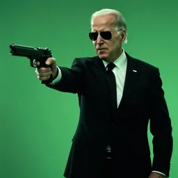 joe biden is [ agent smith ], the matrix movie, the matrix green green color grade, film still, key frame, dialogue scene, [ holding gun in hand ], sunglasses, [ ear piece ], [ black tie ]