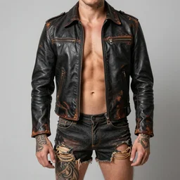halston sage as a wanderer with tattooed arms and legs wearing an old scratched leather and partially ripped aviator outfit full of stitches, wearing a short black jacket with rusty medals on it and a white shirt with a colorful stamp, character sheet, details, props, concept design, contrast, kim jung gi, greg rutkowski, zabrocki, karlkka, jayison devadas, trending on artstation, 8 k, full body, turnaround, ultra wide angle, pincushion lens effect