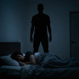 hyper realistic photo of a tall black silhouette of a person menacingly standing in front of a person sleeping in bed at a person sleeping in bed at night