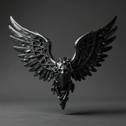 “a dark desaturated asymmetrical photograph of a winged irregular asymmetrical sculpture made of glossy black liquid latex, asphalt and metal, the shape of the wings resembles an intricate black metal logo, designed by helmut lang and junya watanabe, asymmetrical cinematic composition, 8k hyperrealistic, hyper-detailed, 10mm camera, highly textured, dark volumetric lighting, fine details, muted, octane render” — h 768 - n 6