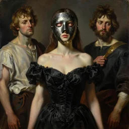 The waist-high portrait of beautiful woman with closed eyes in steel full-face occult mask and black dress by Ilya Repin, William Blake, Michelangelo da Caravaggio and Beksinski, highly detailed oil painting, trending by artstation, dramatic volumetric lighting, fantasy character, 4k, masterpiece
