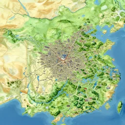 treasure map of a realm with many cities, forests, desert, lakes, artstation, illustration by makoto shinkai and moebius and jean giraud