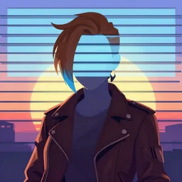 sombra from overwatch with light blue shutter shades in front of a sunset, a dark brown leather jacket, one side brown haircut with blue tips on the end, vector art by jan tengnagel, pixabay contest winner, retrofuturism, retrowave, synthwave, outrun, portrait, synthwave