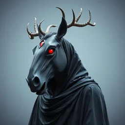 an ominous haunting horse mask with many red eyes and twisting antlers figure wearing a black robe, ( ( ( head turned to the left ) ) ), full figure, statue