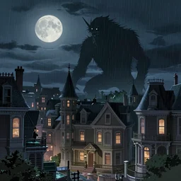 a monster silhouette in the sky above a victorian city, scene in a rainy night. full moon, 1 8 9 0, key visual, conceptart, ambient lighting, highly detailed, digital painting, artstation, concept art, sharp focus, by makoto shinkai and akihiko yoshida and greg manchess