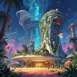 a beautiful hyperdetailed illustration of industrial architecture nature building lobby by oscar niemeyer, futuristic water nightsky vaporwave elysian flowers vice city junglepunk bioshock studio ghibli uv light desert matte painting, archdaily, wallpaper, highly detailed, trending on artstation.