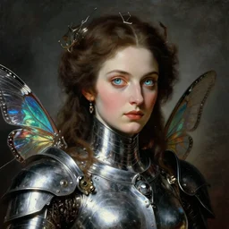 a baroque neoclassicist close - up portrait of a futuristic empress tsarina goddess gazing intensely with big glowing eyes wearing an silver blacklight retrofuturistic armour with iridescent butterfly wings and reflective silk, misty x - particles background. renaissance portrait painting. highly detailed science fiction painting by norman rockwell, frank frazetta, and syd mead. rich colors, high contrast, gloomy atmosphere, darksynth. trending on artstation.