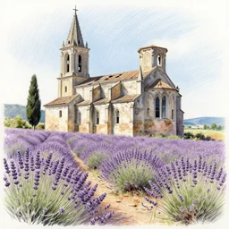 abandoned gothic church near a lavander field mediterranean landscape, colored pencil drawing