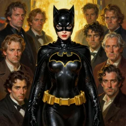 cat woman from batman in the style of wayne barlowe, gustav moreau, peter mohrbacher, bussiere, roberto ferri, santiago caruso, luis ricardo falero, austin osman spare, boris vallejo, hajime sorayama, dali