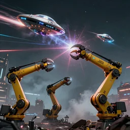 apocalyptic scene of JCB yellow robot arms with claws reaching out to try and catch the fast moving reflective spaceships UFOs which are speeding by, tuned to a dead channel, In the style of Blade Runner, CyberPunk, laser, smoke, debris