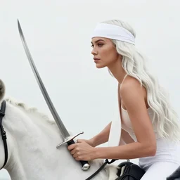 a fantast beauty detailed profile view of candice swanepoel riding a white horse, with a curved sword, platinum white wavy long hair, white headband in the front with diamonds, jewelry body armor in golden and silver colors, pointy ears, detailed, epic masterpiece of cinematographic hyperrealism, realistic shaded lighting poster by craig mallismo, artgerm, jeremy lipkin and michael