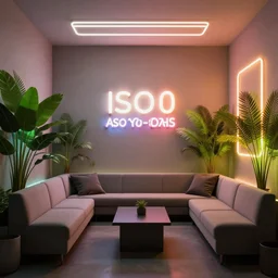 fine art photo a lounge room with neon lightings minimalistic, high definition, 8 k, high resolution, botanical photography, iso 1 0 0, shutter speed 1 2 5, aperture 8, award winning