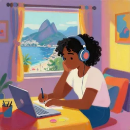 lo-fi colorful masterpiece painting, black girl, curly hair, with headphones, studyng in bedroom, window with rio de janeiro view, lo-fi illustration style, by WLOP, by loish, by apofis, alive colors