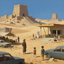 painting of a dystopian desert marketplace, merchant stands and customers, ancient ruins, sandy, ruined gas station and cars, by ruan jia, by conrad roset, by yoshitaka amano, cgsociety, artstation, portfolio quality.