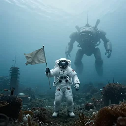 astronaut holding a flag in an underwater village a submarine mechazord is visible in the distance. overcast, cinematic, dramatic, atmospheric, 8 k, low visibility, fog, ocean floor, film still scene of christopher nolan interstellar