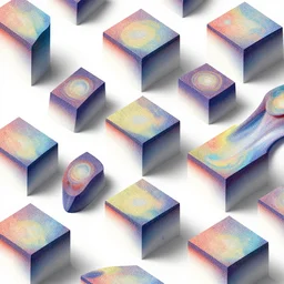 many 3 d isometric planes melting, colorful, grainy, risograph, wood block print, dramatic lighting, flowing, nebula, dripping, layered