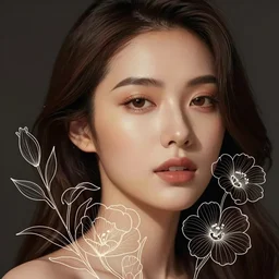 a pretty elegant women's face with flowers, vector illustration, linear graphic, outlined hand drawn