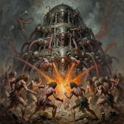 oil paint of 1 1 flayed gods fighting spewtum, in tiers, colossal medical gangrene machines in tiers, dethroning in endless flat embedding melee, pit, by shigeru komatsuzaki, wayne d barlowe, stefano tamburini, ember light, muted colors, epic, hyper detailed, awe inspiring, award winning horror, narrative lighting, hyper realism