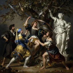 a hyperrealistic render of dancers around a tree with ribbons, outdoor, art by Johannes Vermeer and Rembrandt and Caravaggio and Gian Lorenzo Bernini, baroque, hearthstone art style, epic fantasty card game art, Beautiful dynamic dramatic moody lighting, shadows, cinematic, Octane, 8K