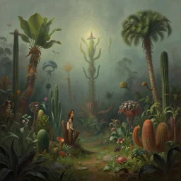 beautiful rendering of exotic plants by daniel merriam and karol bak and martin johnson heade, xenoplanet by roger dean and moebius, at night, misty atmosphere, soft light, mantra rendering, matte painting, high detailed, 4 k, trending on artstation