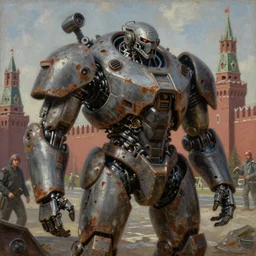 kremlin as an armored cyborg by chris warner, sci fi movie, rusty shapes, hard surface, tim hildebrandt, wayne barlow, bruce pennington, oil on canvas, deep depth field, masterpiece, trending on artstation, featured on pixiv, cinematic composition, hyper - detailed, hd, hdr, 4 k, 8 k