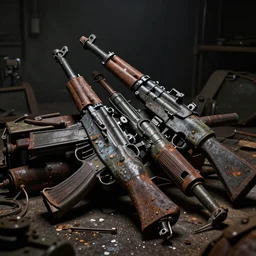 a pile of rusty grunge dirty old gulf war weapons in a dark room with dramatic lighting, hyper-realistic, ultra-realistic, intricate details, 4k, octane render, unreal 5, digital art