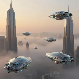 late afternoon, glass spaceships flying between tall structures, mist, 3d, artstation, syd mead