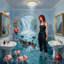 tall female emo artist in her flooded bathroom, pigs, water gushing from ceiling, painting of flood waters inside an artist's bathroom, a river flooding indoors, pomegranates, pigs, ikebana, zen, water, octopus, river, rapids, waterfall, black swans, canoe, berries, acrylic on canvas, surrealist, by magritte and monet