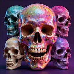 beautiful matte painting of psychedelic glittering skull by dan mumford and alex gray and lisa frank, octane render, HDR, vivid color, volumetric lighting, unreal engine, concept art, CGsociety