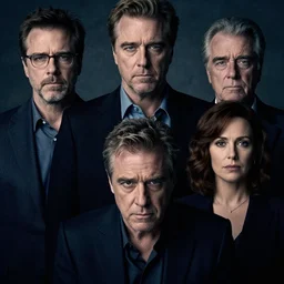 movie poster of seth rogen, will ferrell, betty white, robert de niro and tina fey, in a very serious dramatic dark crime thriller, serious poses, maximum details, atmospheric lighting, moody, trending on twitter.