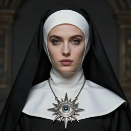 portrait of a beautiful nun with long hair. She wear a silver detailed symetric amulet of a sun eye. Epic fantasy. beautiful. face symetric cinematic top lighting, insanely detailed and intricate, face by wlop, Charlie Bowater, golden ratio, symmetric, elegant, ornate, luxury, elite, matte painting, cinematic, trending on artstation, deviantart and cgsociety, 8k, high resolution