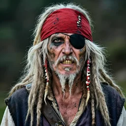 photo portrait | white hair | very old and rugged | dirty very skinny pirate | long white dreadlock hair | crooked teeth | wearing a red headband and black hat | tattoos on face | one eyepatch | very detailed photo | sigma lens 70mm