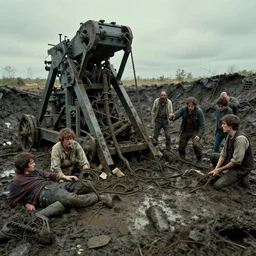 movie still of stomped to pieces, whip machine, horror machine abandoned in muck pit, by liam sharp, virgil finlay, alberto bontempi, shigeru komatsuzaki, wayne d barlowe, alex ross, simon bisley & boris vallejo, enric torres, hyper realism, cinematical, narrative light, muted colors, epic, hyper detailed, awe inspiring