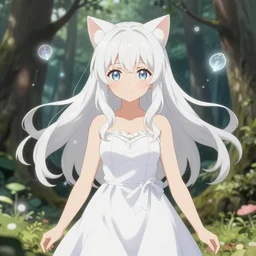 isekai enchanted forest cute curvy anime catgirl with white floating hair, white dress. floating will - o - wisps., symmetrical face. symmetrical detailed defined eyes. beautiful lineart. bokeh pixiv # 1 ranking depth of focus, chromatic aberration, noise, soft lighting, srgb, 4 k, by rembrant, kuvshinov, and ross tran