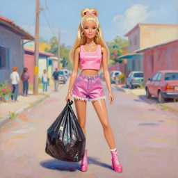still from music video of barbie from die antwoord standing in a township street, wearing a trashbag garbage bag and flowers, street fashion, full figure portrait painting by martine johanna, ilya kuvshinov, rossdraws, pastel color palette, plastic skin, detailed impasto brushwork, impressionistic