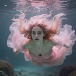 cinestill 5 0 d depht of field portrait of a dreamy beautiful pre - raphaelite siren in style of annie liebovitz floating underwater in a dystopian environment, dress and hair floating elegant, highly detailed, pale pink matt, soft blur, artstation, head in focus