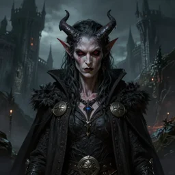 a highly detailed color illustration portrait of a tiefling - fantasy demonic race, dark moody eerie castle setting, horror art, d & d rpg portrait, hires, cgsociety, 4 k, centered, art by tim hildebrandt and frank frazetta and gerald brom and greg rutkowski