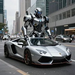 “Mecha suit made by Lamborghini, on the city street, stunning high tech, by Beeple, realistic, cinematography”