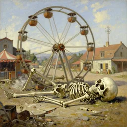old village, cartwheel lunapark, skeleton corpse, oversized destroyed skull on ground, daytime, ground broken, noon, oil painting landscape by frazetta