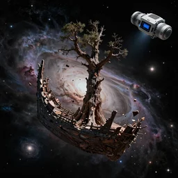 the mighty treeship yggdrasill breaking into pieces in space. nebulae and star systems can be seen in the distance throughout the black of deep space. in the top right of the picture is the farcaster device.